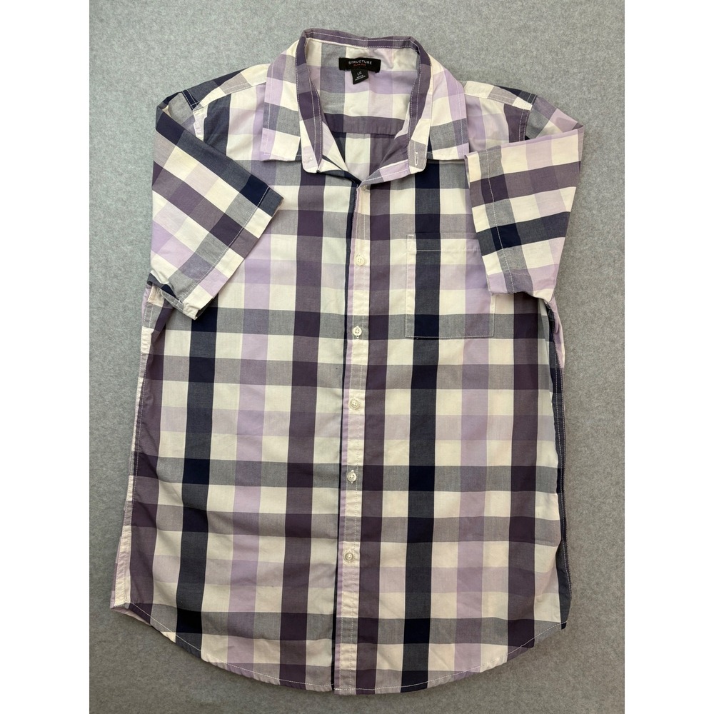 Structure‎ Slim Fit Mens Large Purple Navy Plaid Short Sleeve Button Down Shirt